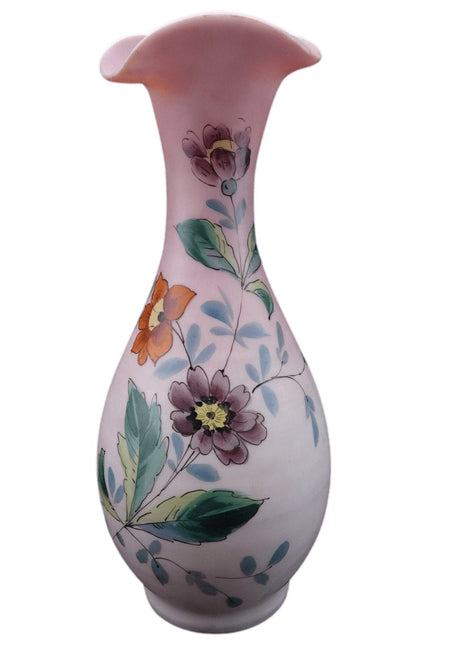 c1900 Pink Satin glass Hand enameled vase - Estate Fresh Austin