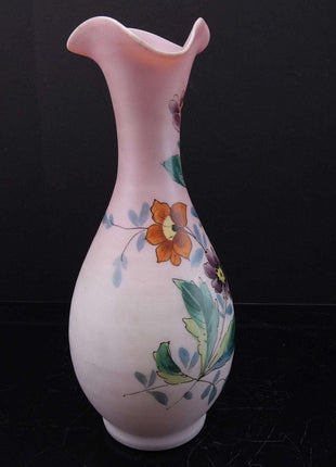 c1900 Pink Satin glass Hand enameled vase - Estate Fresh Austin