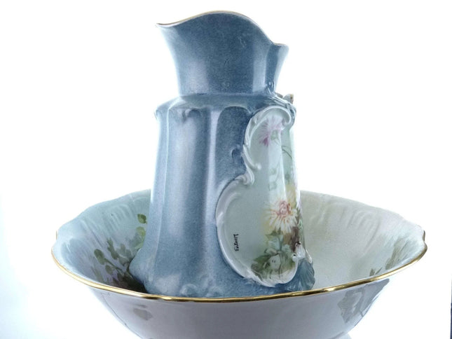 c1900 PL Limoges France Hand Painted Limoges Porcelain Wash Bowl and Pitcher Set - Estate Fresh Austin
