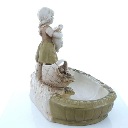 c1900 Royal Dux Art Nouveau Goose Girl with Basket centerpiece or dresser tray - Estate Fresh Austin