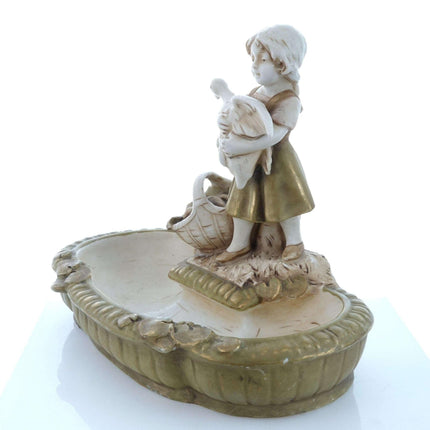 c1900 Royal Dux Art Nouveau Goose Girl with Basket centerpiece or dresser tray - Estate Fresh Austin