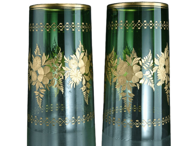 c1900 Threaded Intaglio Cut Heavy gold Green to clear Vases pair - Estate Fresh Austin