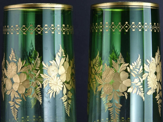 c1900 Threaded Intaglio Cut Heavy gold Green to clear Vases pair - Estate Fresh Austin