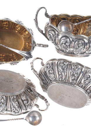 c1902 British Sterling silver Repousse Master salt/spoons set - Estate Fresh Austin