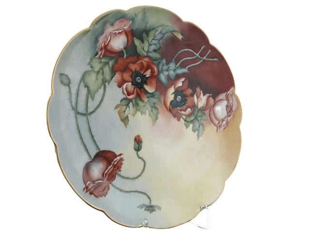 c1910 13 5/8" T&V Limoges Porcelain Charger Hand Painted Artist signed Red Poppi - Estate Fresh Austin