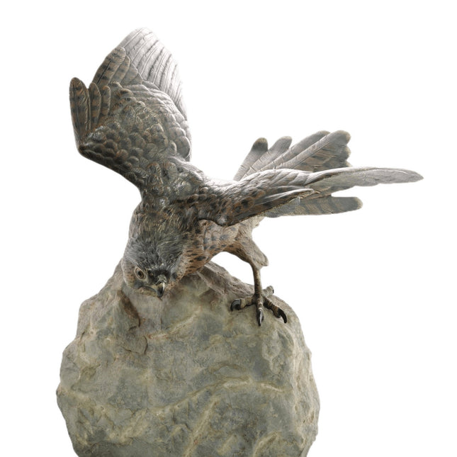 c.1910 15" Bergman Austrian Cold Painted Bronze Sparrow Hawk Sculpture on Stone - Estate Fresh Austin