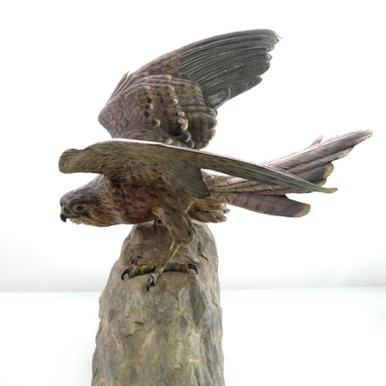 c.1910 15" Bergman Austrian Cold Painted Bronze Sparrow Hawk Sculpture on Stone - Estate Fresh Austin