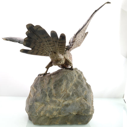 c.1910 15" Bergman Austrian Cold Painted Bronze Sparrow Hawk Sculpture on Stone - Estate Fresh Austin