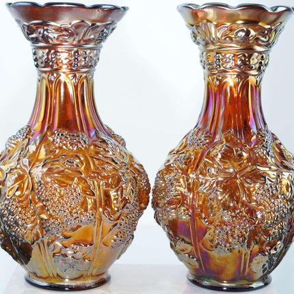 c1910 Amber Loganberry Carnival Glass Vases By Imperial Pair - Estate Fresh Austin