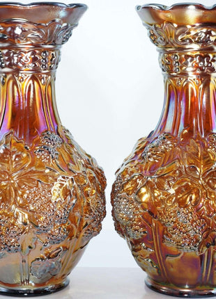 c1910 Amber Loganberry Carnival Glass Vases By Imperial Pair - Estate Fresh Austin