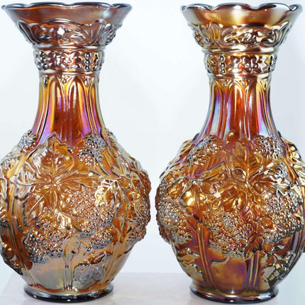 c1910 Amber Loganberry Carnival Glass Vases By Imperial Pair - Estate Fresh Austin