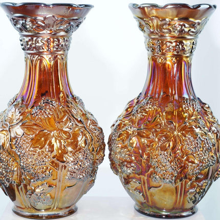 c1910 Amber Loganberry Carnival Glass Vases By Imperial Pair - Estate Fresh Austin