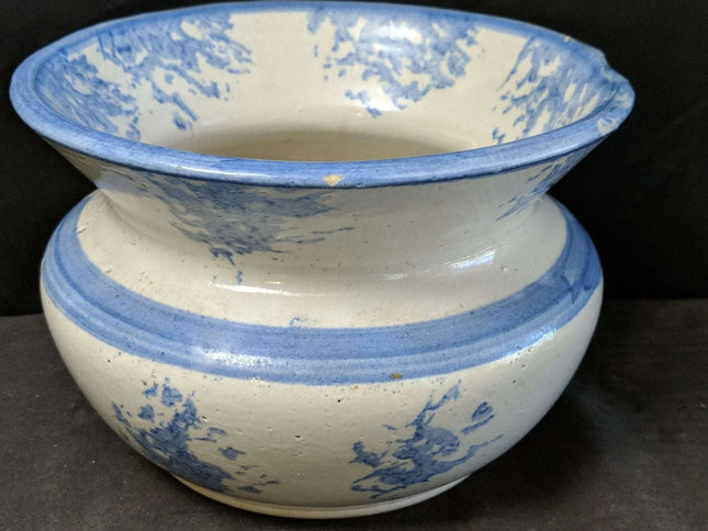 c1910 American Blue & White Stoneware Spongeware Spittoon Cuspidor - Estate Fresh Austin
