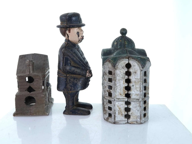 c1910 Antique Cast Iron Bank Collection Building and Policeman with billy club - Estate Fresh Austin