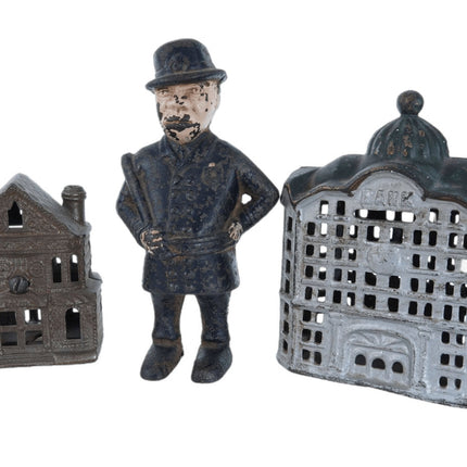 c1910 Antique Cast Iron Bank Collection Building and Policeman with billy club - Estate Fresh Austin