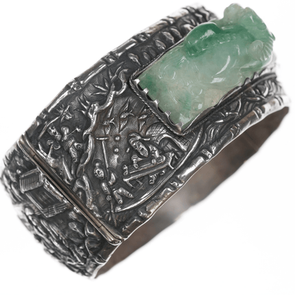 c1910 Antique Chinese Republic period Jadeite Silver repousse bangle bracelet - Estate Fresh Austin