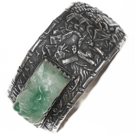 c1910 Antique Chinese Republic period Jadeite Silver repousse bangle bracelet - Estate Fresh Austin