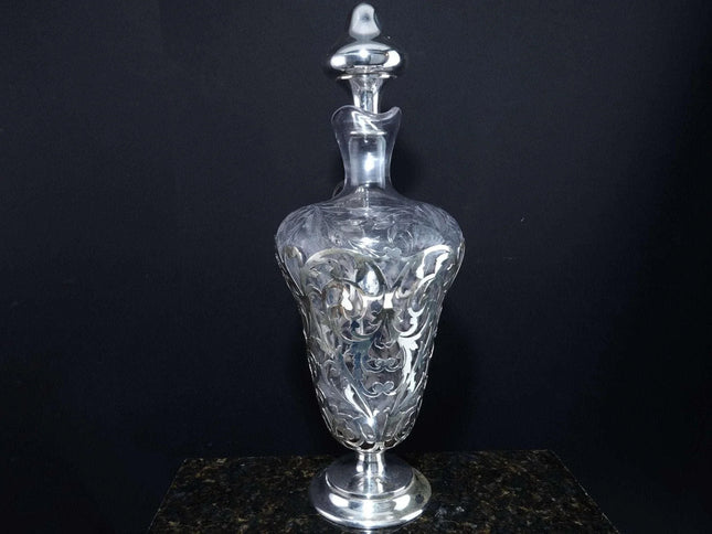 c1910 Art Nouveau American Sterling Silver Mounted Intaglio Cut Decanter - Estate Fresh Austin