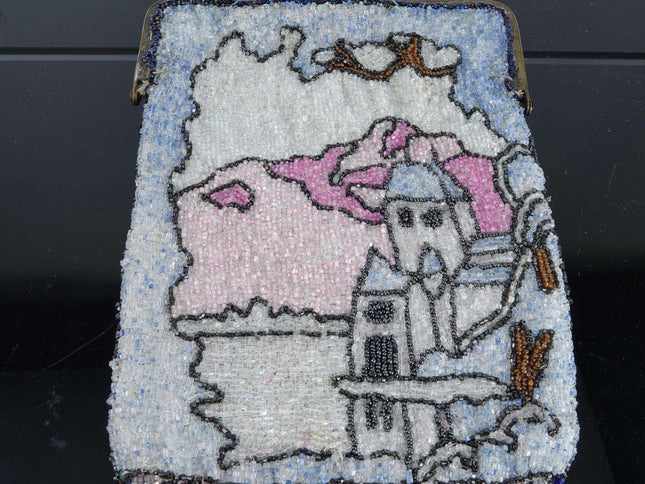 c1910 Beaded Handbag Art Nouveau Castle scene - Estate Fresh Austin