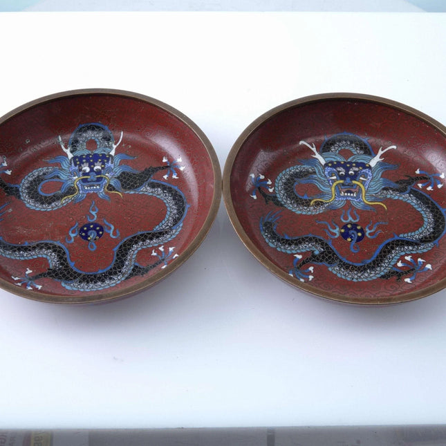 c1915 Republic Period Chinese Cloisonne Dragon Cup Plates with Very intricate wo - Estate Fresh Austin
