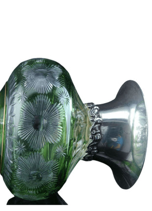 c1920 Art Deco Green Cut Overlay Glass Deacanter with Sterling silver mount - Estate Fresh Austin