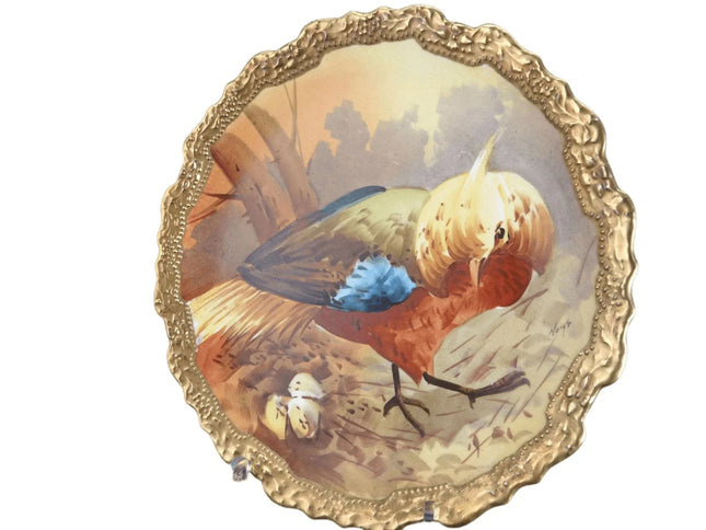 c1920 Coronet Limoges Artist Signed Pheasant wall Plaque - Estate Fresh Austin