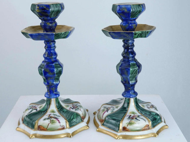 c1920 French Sevres Style Candlesticks with Birds of Paradise - Estate Fresh Austin