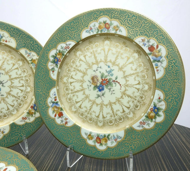 c1920 George Jones Raised Gold Encrusted Service Plate Green Border Hand Painted - Estate Fresh Austin