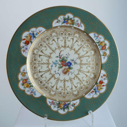 c1920 George Jones Raised Gold Encrusted Service Plate Green Border Hand Painted - Estate Fresh Austin