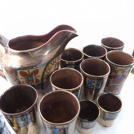 c1920 Rene Brenner Bayeux Tapestry Lustre French Folk Art Pottery Water Set 11 P - Estate Fresh Austin