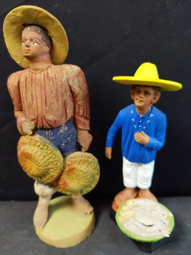 C.1920 Vintage Mexico Pottery Figures Basket Seller Fish Vendor - Estate Fresh Austin