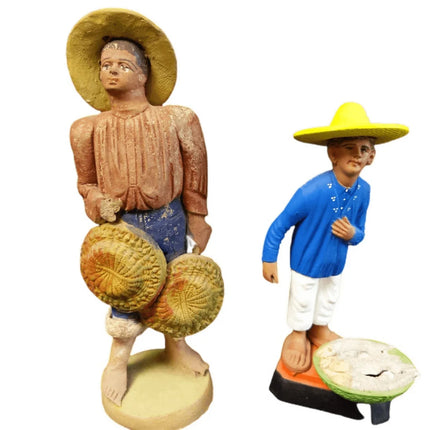 C.1920 Vintage Mexico Pottery Figures Basket Seller Fish Vendor - Estate Fresh Austin
