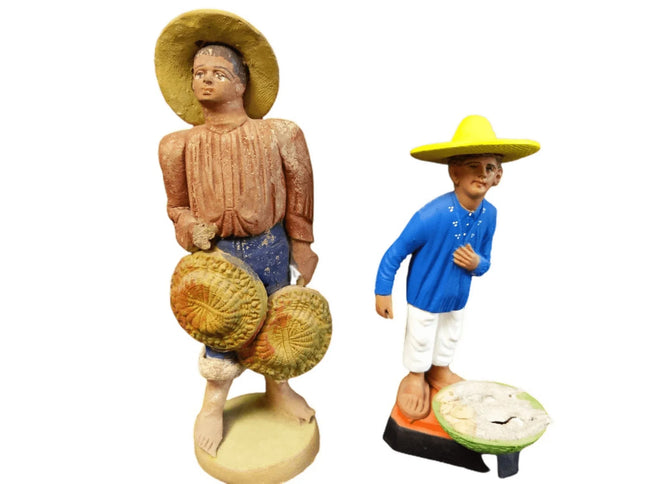 C.1920 Vintage Mexico Pottery Figures Basket Seller Fish Vendor - Estate Fresh Austin