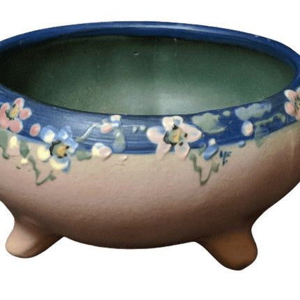 c1920 Weller Hudson Hand Painted Artist Signed 3 ftd Cachepot 5.5" wide x 2 7/8" - Estate Fresh Austin