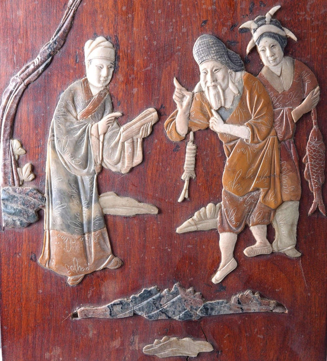 c1920's Chinese Republic Period Wood Plaque with Soapstone inlay - Estate Fresh Austin