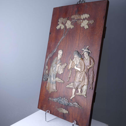 c1920's Chinese Republic Period Wood Plaque with Soapstone inlay - Estate Fresh Austin