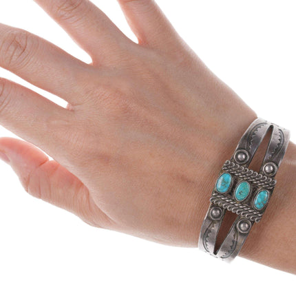 c1930's Vintage Native American Heavy Stamped silver/turquoise cuff bracelet - Estate Fresh Austin