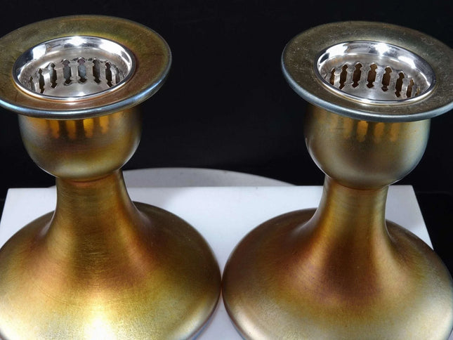 c1930 Steuben Gold Aurene Candle holders with Sterling Silver Bobeches - Estate Fresh Austin