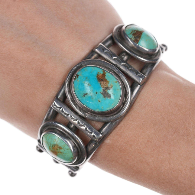 c1930's 6 3/8" Navajo Stamped silver and turquoise bracelet - Estate Fresh Austin