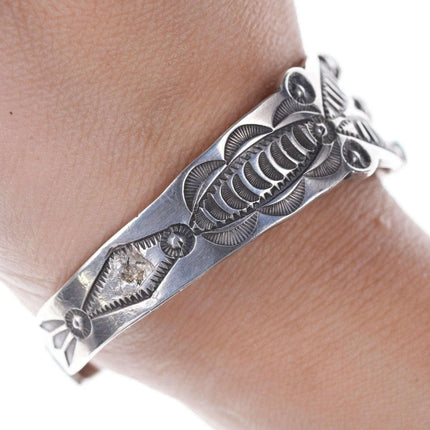 6.5" c1930's Heavy Stamped Navajo silver and turquoise cuff bracelet - Estate Fresh Austin