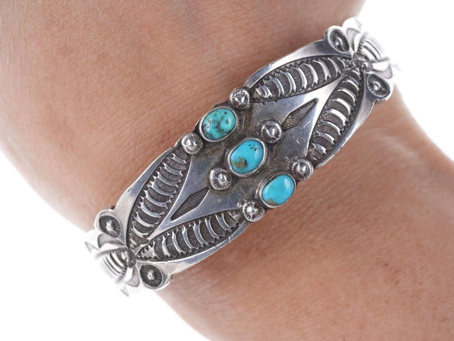 6.5" c1930's Heavy Stamped Navajo silver and turquoise cuff bracelet - Estate Fresh Austin
