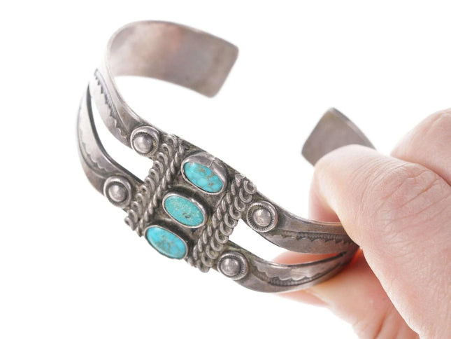 c1930's Vintage Native American Heavy Stamped silver/turquoise cuff bracelet - Estate Fresh Austin