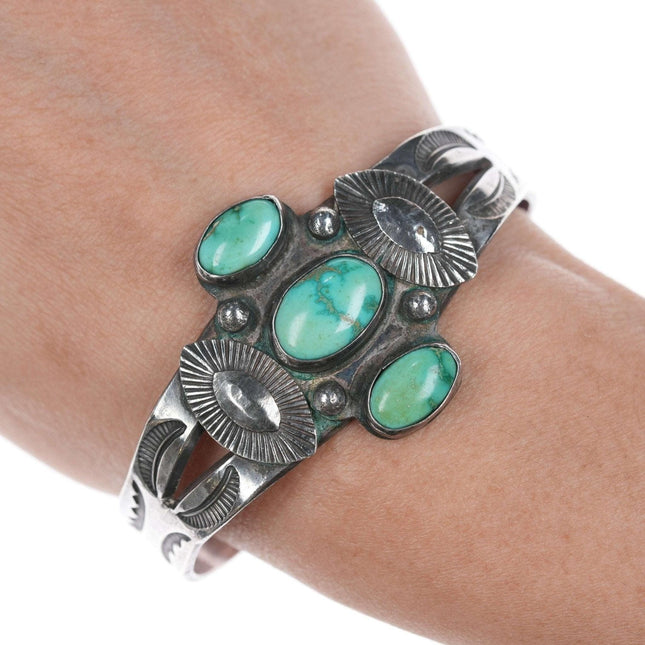 c1940 6.5" Navao Stamped silver and turquoise bracelet - Estate Fresh Austin