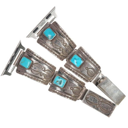 c1940 Navajo Stamped silver and turquoise watch band - Estate Fresh Austin