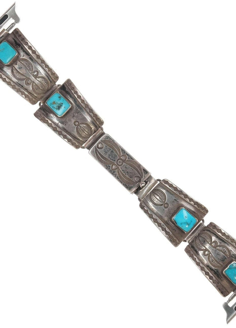 c1940 Navajo Stamped silver and turquoise watch band - Estate Fresh Austin