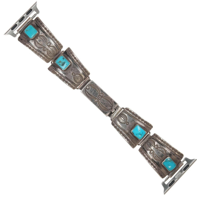 c1940 Navajo Stamped silver and turquoise watch band - Estate Fresh Austin