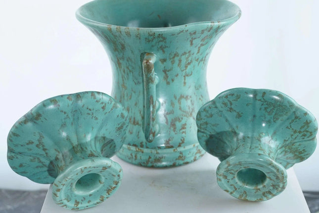 c1940 Rumrill Art Pottery Vase and Candle holder with unusual sponged green matt - Estate Fresh Austin