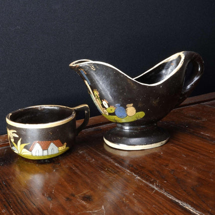 c1940 Tlaquepaque Mexican Folk Pottery Gravy Boat and Cup - Estate Fresh Austin