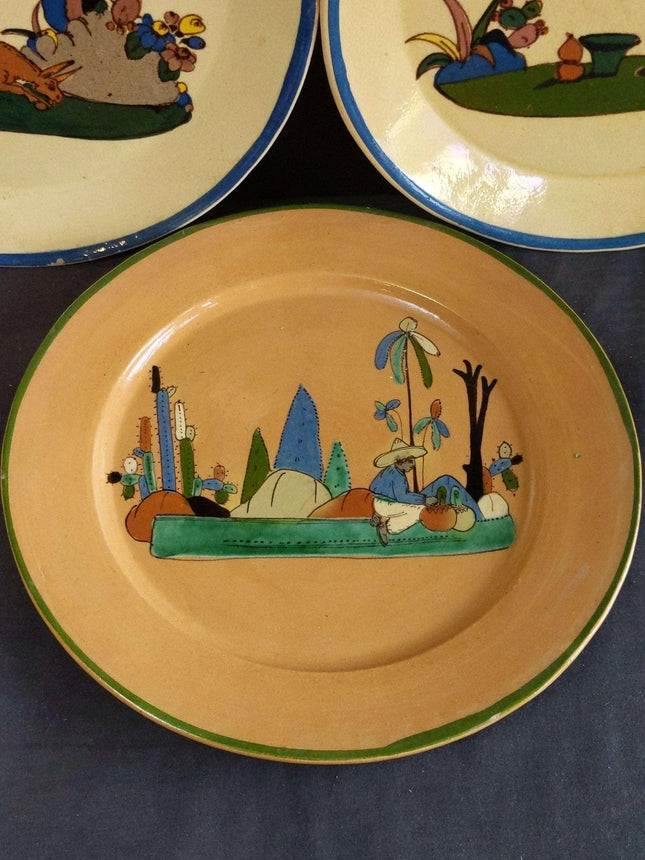 c1940 Tlaquepaque Mexican Folk Pottery Plate 9.25" lot (3 pcs) - Estate Fresh Austin