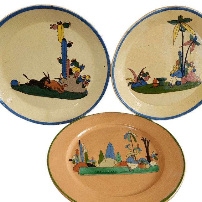 c1940 Tlaquepaque Mexican Folk Pottery Plate 9.25" lot (3 pcs) - Estate Fresh Austin